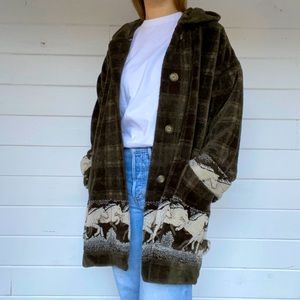 Army Green Plaid Faux Fur Coat